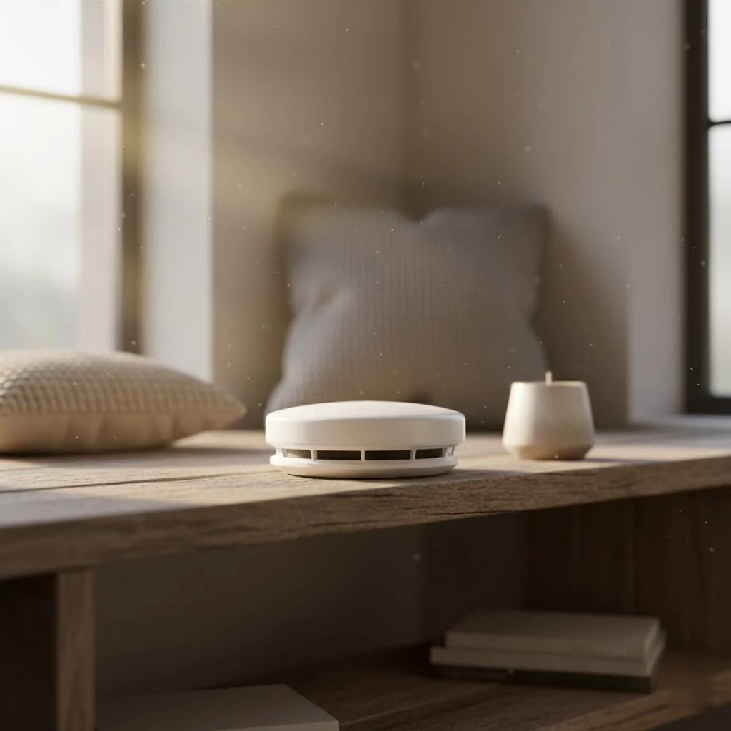Hardwired smoke and carbon monoxide detector on a white ceiling