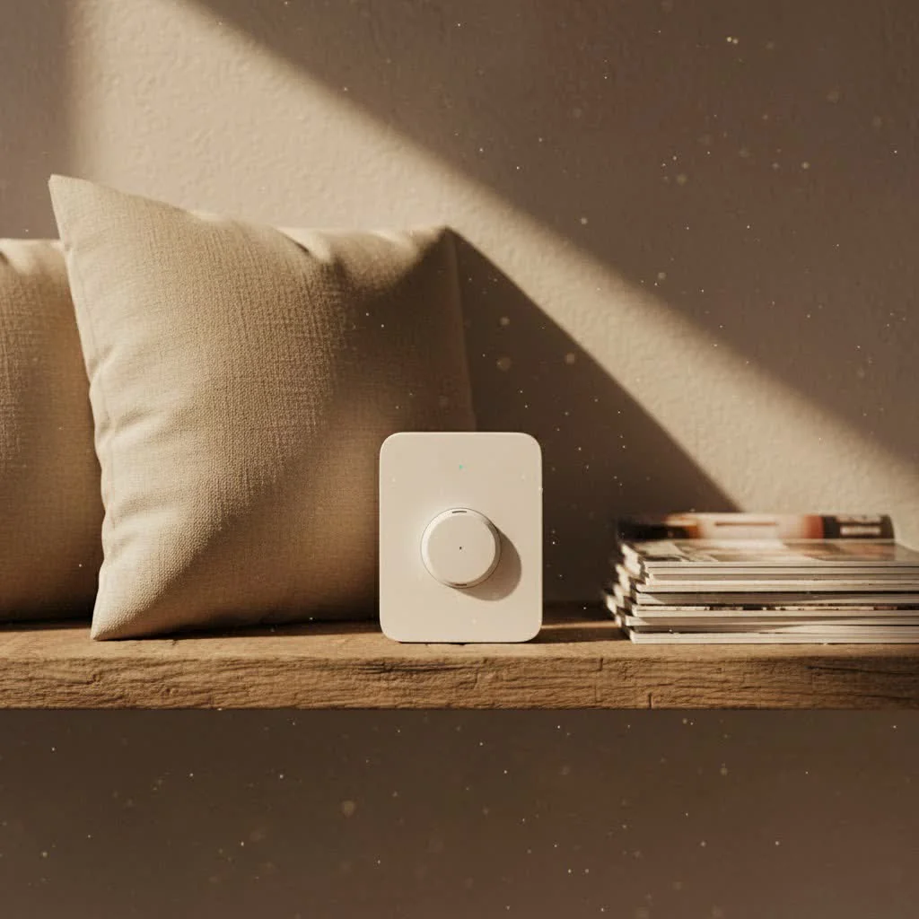 Modern smoke detector mounted on a white ceiling